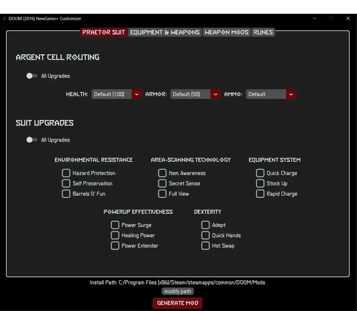 NewGame+ Customizer desktop application interface